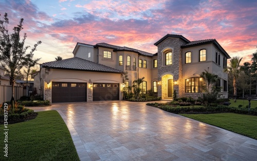 Luxurious home at sunset, Florida, driveway, evening, real estate