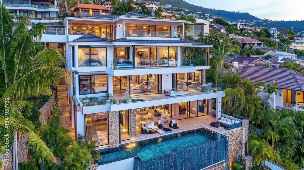 Fototapeta premium Luxurious hillside villa with infinity pool overlooking the cityscape