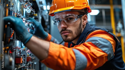 Technician ensuring proper machine lockout/tagout procedures before maintenance, realistic factory environment