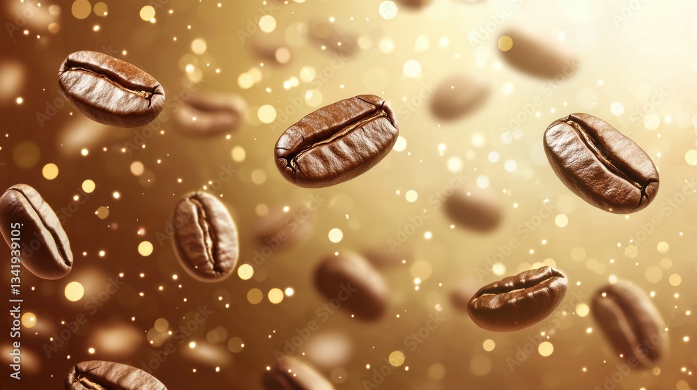 Suspended coffee beans in warm glow a dance of motion and depth Suspended coffee beans in warm glow a dance of motion and depth