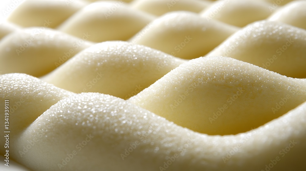 A close up photograph showing a textured foam mattress topper