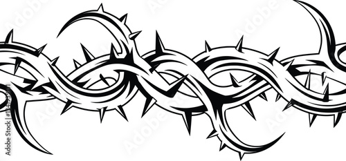 Barbed Wire Thorn Tattoo Design, Tribal, Gothic, Edgy, Black Ink Illustration