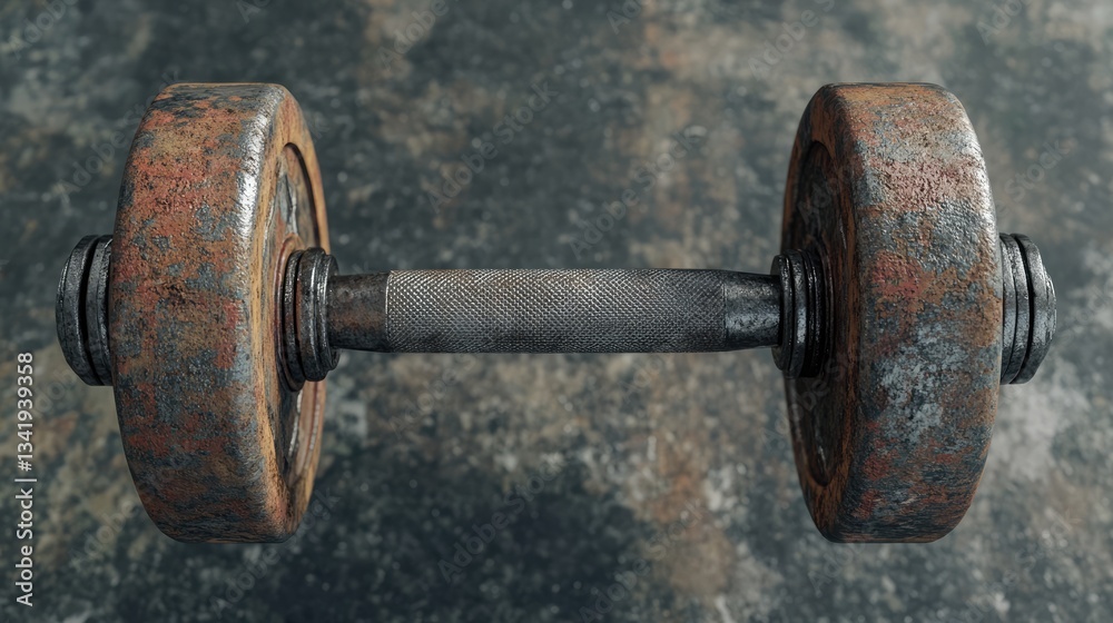 A close-up view of a rusty dumbbell resting on a textured surface, showcasing wear and use in a fitness setting A close-up view of a rusty dumbbell resting on a textured surface, showcasing wear and use in a fitness setting