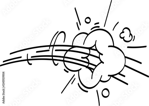 Fast winds blowing and stirring up a swirling cloud of dust, with debris flying around, illustrated in a dynamic cartoon style featuring bold black and white contrasts