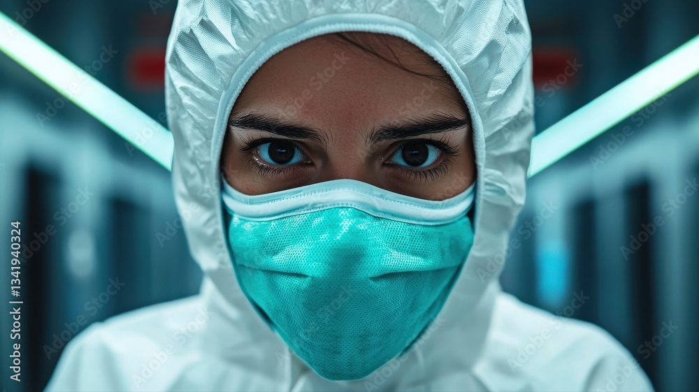 Technician in a cleanroom environment wearing sterile PPE, including gloves, face mask, and protective suit, ultra-detailed Technician in a cleanroom environment wearing sterile PPE, including gloves, face mask, and protective suit, ultra-detailed