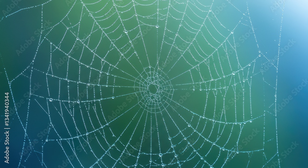 Obraz premium Intricate spider web adorned with dewdrops against a soft gradient background