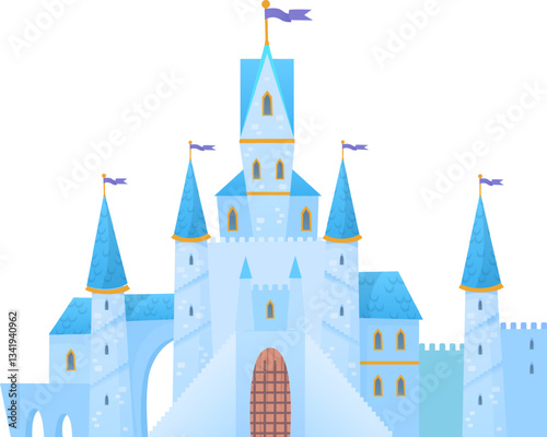 Beautiful ice castle with blue roof, golden decorations and flags waving in the wind, perfect for fantasy and fairytale projects, depicting a majestic and magical fortress