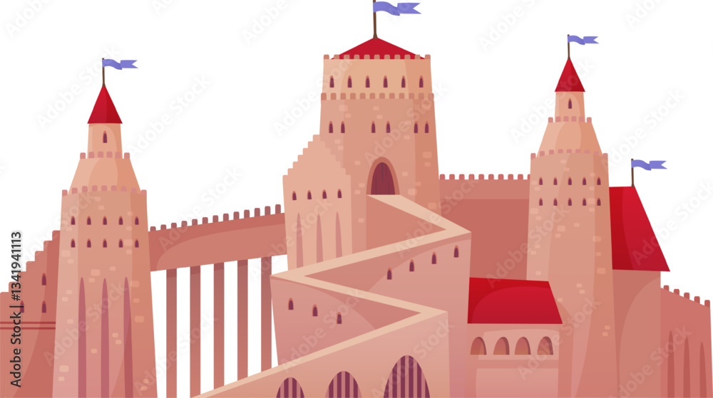 Fototapeta premium Majestic medieval castle with high fortified walls, multiple towers, and waving flags evokes a sense of history, power, and fairytale charm against a clear sky