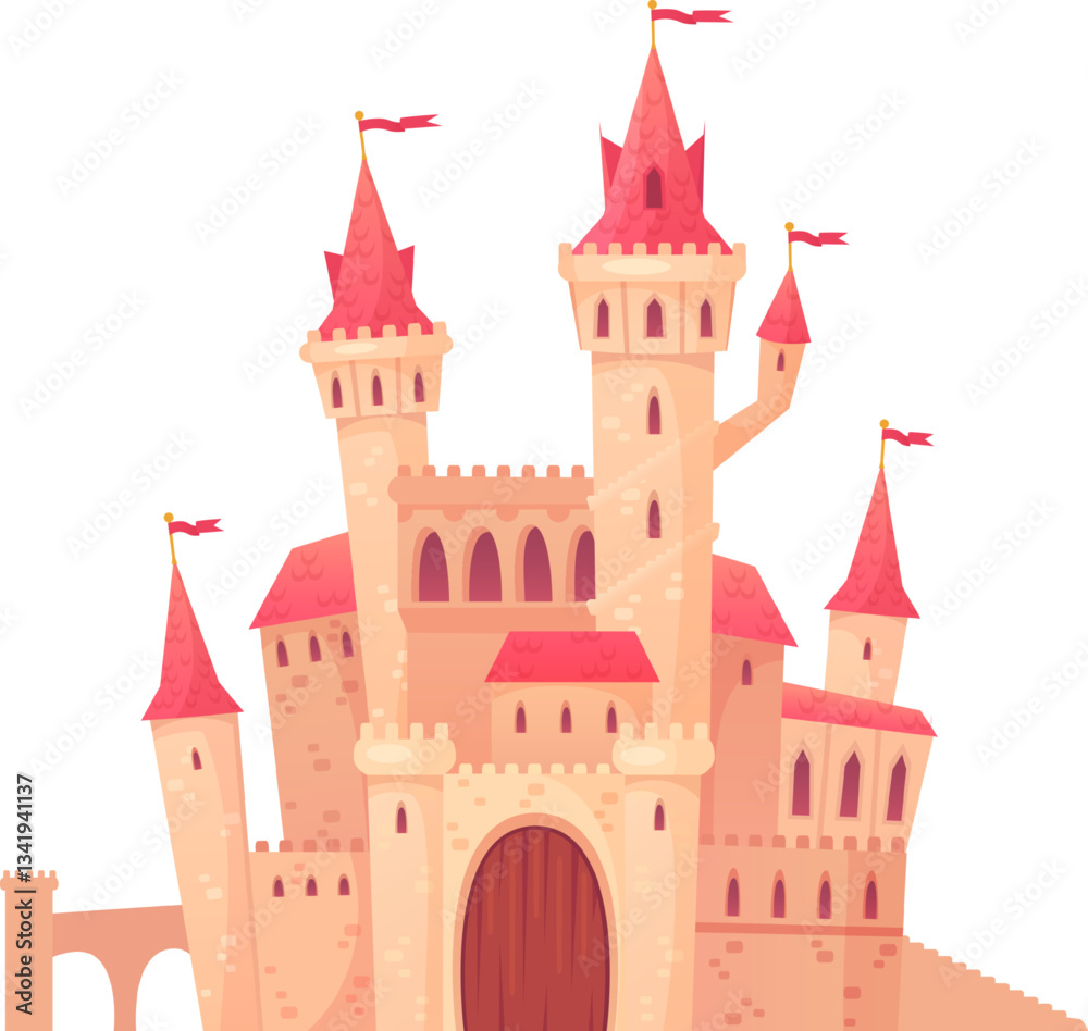 Fototapeta premium Majestic medieval castle with pink roof, towers, flags and wooden gate, isolated on white background, perfect for fairytale illustrations, children s books or fantasy games