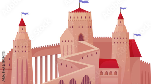 Majestic medieval castle with high fortified walls, multiple towers, and waving flags evokes a sense of history, power, and fairytale charm against a clear sky