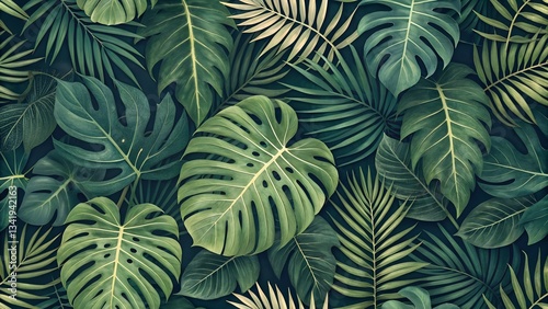 Illustration of tropical leaves in a botanical pattern