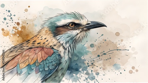 Watercolor illustration of a colorful bird with artistic splashes