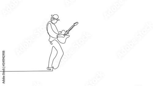 Jazz musician playing guitar. Symbol of soulful music, passion, and live performance. Continuous line art drawing animation black and white.