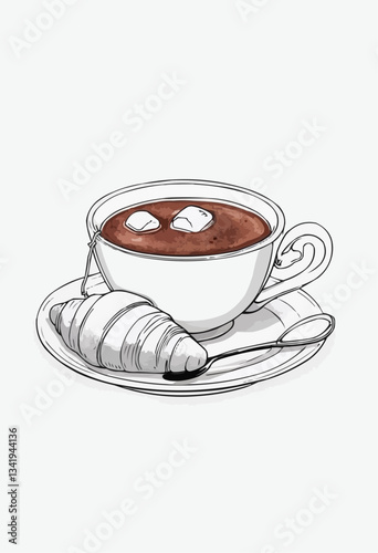 Coffee, marshmallows and croissant outline coloring book page 