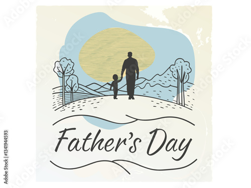 Happy father's day vector silhouette 
out line design heartwarming illustration of a father and son walking together in a scenic landscape. icon and typography, happy father's day, dad, father.