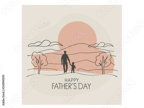 Happy father's day vector silhouette 
out line design heartwarming illustration of a father and son walking together in a scenic landscape. icon and typography, happy father's day, dad, father.