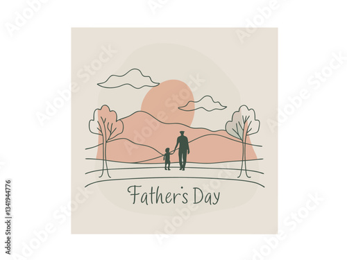 Happy father's day vector silhouette 
out line design heartwarming illustration of a father and son walking together in a scenic landscape. icon and typography, happy father's day, dad, father.