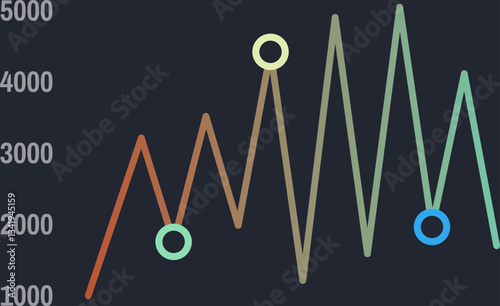 Colorful line graph fluctuating over time, representing data points with highlighted circles, visualizing growth and decline trends on a dark background