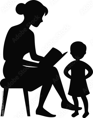  A mother tenderly reads a bedtime story to her child, sharing a moment of love and connection in a simple silhouette.
