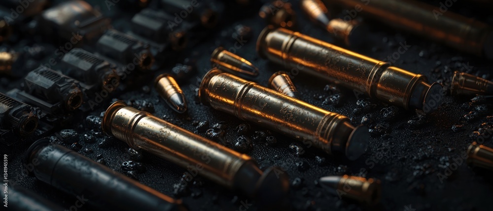Naklejka premium Ammunition scattered on dark surface
