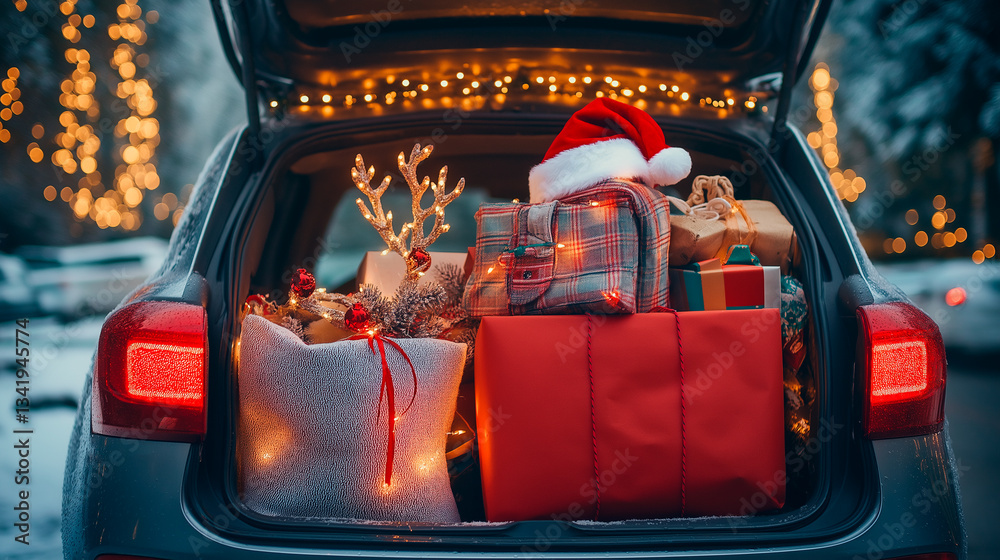 new year and christmas tree with car in the evening, christmas tree and gifts