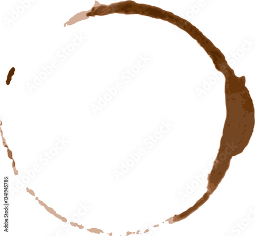 Coffee cup stain creating a brown circle on a white background, forming an abstract shape from spilled coffee. The mark adds a touch of grunge and messiness to the scene