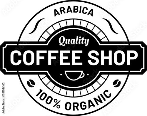 Vintage logo for coffee shop presenting arabica coffee as organic and quality product, using black and white colors, cup and coffee beans icons