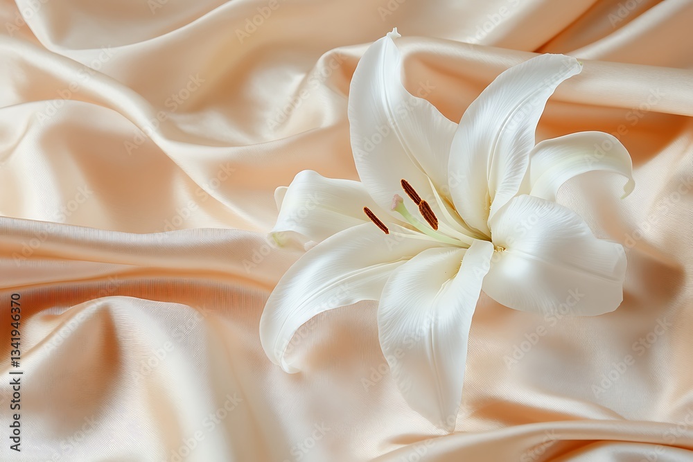Fototapeta premium Elegant White Lily on Beige Silk – Wedding & Beauty Concept