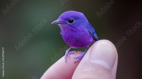 Tiny Violet Cotinga Perched Delicately on a Human Fingertip Macro Shot