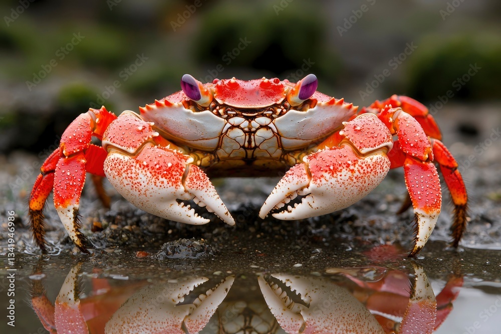 Red crab reflecting in water on rocky shore, nature close-up for education use Red crab reflecting in water on rocky shore, nature close-up for education use