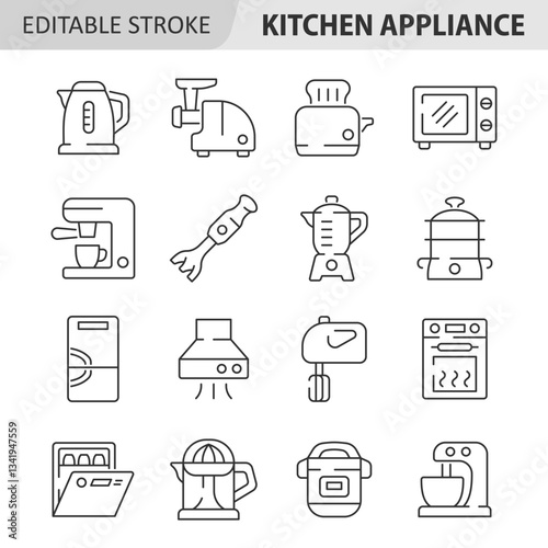 Kitchen appliance line icon set. Vector collection with kettle, meat grinder, toaster, microwave oven, coffee machine, blender,  steamer, mixer, fridge, juicer, dishwasher. Editable stroke.