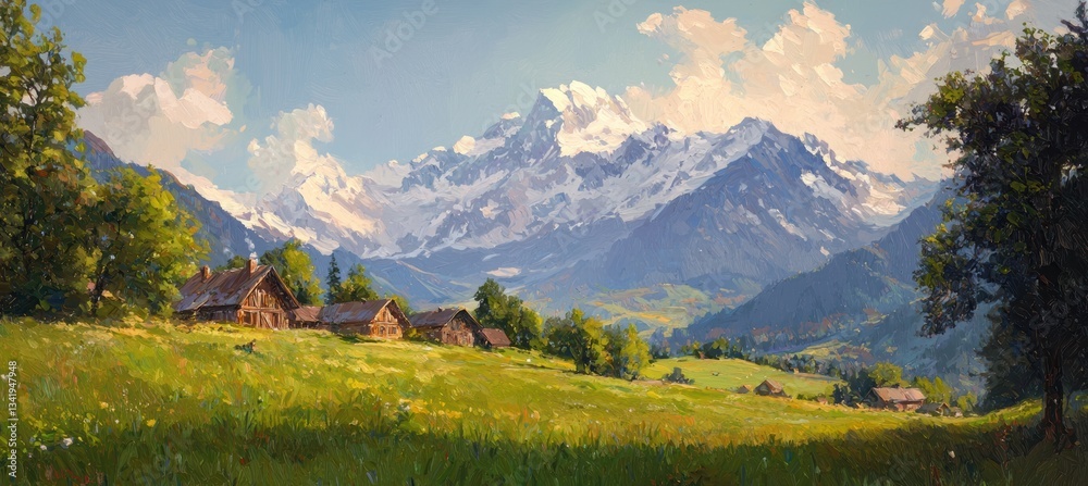 Fototapeta premium Majestic alpine landscape green meadows and snowcapped peaks