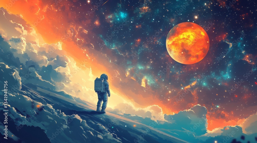 Naklejka premium Astronaut on Alien Planet Gazing at Starry Night Sky