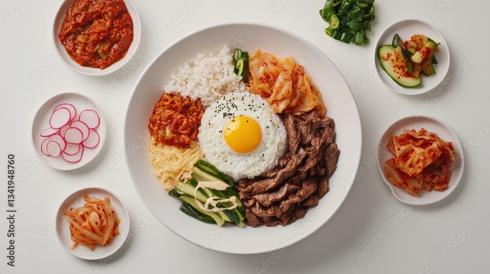 Vibrant Korean food setup with bibimbap kimchi and bulgogi Vibrant Korean food setup with bibimbap kimchi and bulgogi