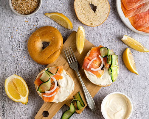 Delicious Bagel with Smoked Salmon, Cream Cheese, and Lemon photo