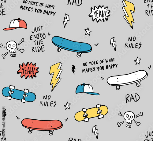 Hand drawn skateboarding elements seamless pattern. Skate background. Skateboarding doodle illustration. Vector illustration. Seamless pattern with cartoon skull, skateboard, hat etc.
