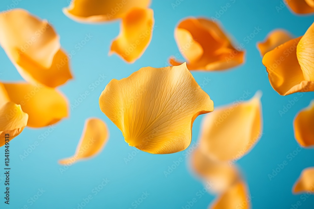 Fototapeta premium Floating Yellow Rose Petals on Blue Background