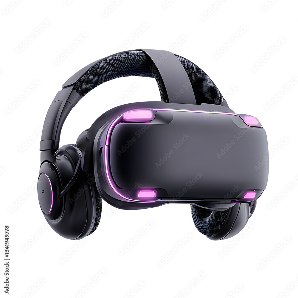 VR headset with built-in headphones. Immersive virtual reality experience