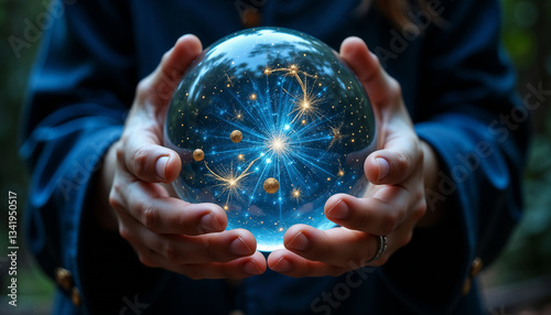 Young astrologer holding a crystal ball, predicting the future with zodiac signs and celestial patterns