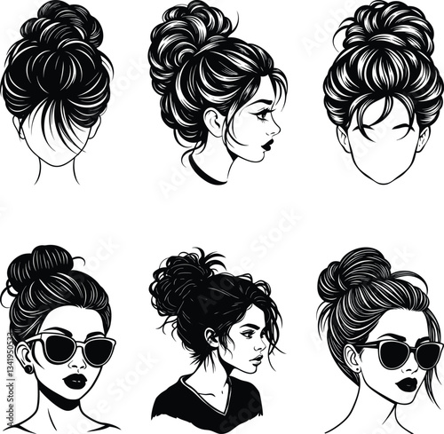 Collection Vector Silhouette Elegant Stylish Black Women Illustrations Various Messy Bun Hairstyles