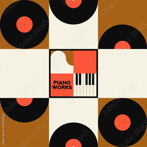 Musical poster for your design. Music design elements for card, invitation, flyer. Music cover. Music background vector illustration. Vinyl record. Piano. Piano keyboard.