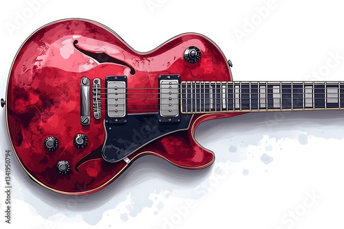 Red Electric Guitar Illustration Vintage Hollow Body, Music Instrument Design