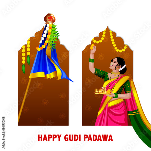 A beautiful Gudi Padwa design featuring a women in festive attire a ritual plate a decorated Gudi and warm Marathi greetings representing tradition and joy