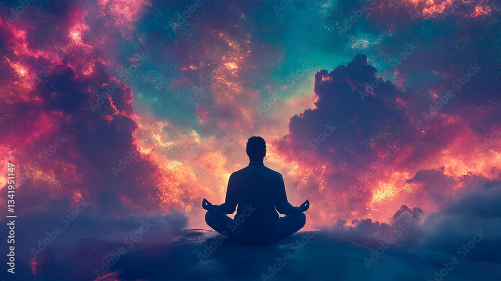 double exposure of man sitting on the top of the top view. colorful