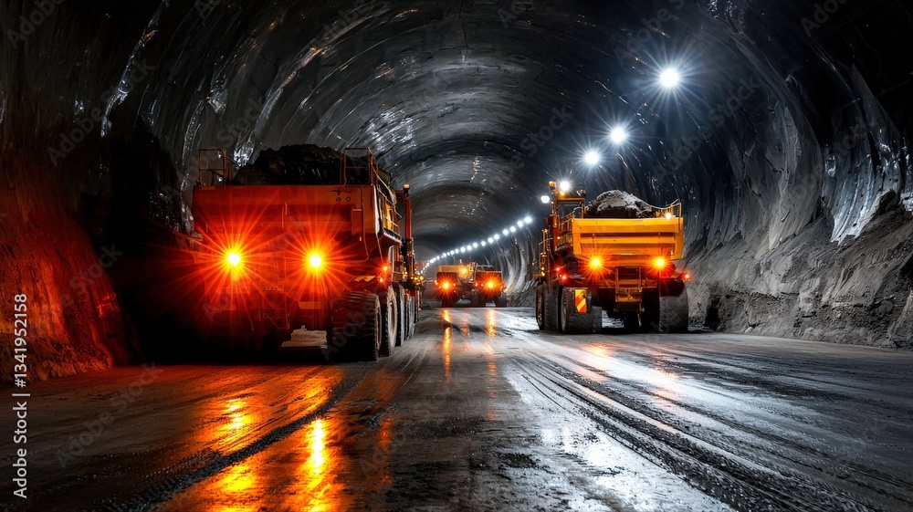 Underground mining operation with massive drilling rigs extracting minerals, dramatic lighting Underground mining operation with massive drilling rigs extracting minerals, dramatic lighting