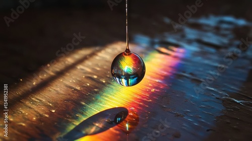 Colorful Refraction of Light Through a Water Droplet on Surface