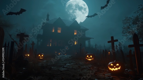 Wide-Angle View of Haunted House with Glowing Pumpkin Lanterns and Full Moon - Halloween Night and Spooky Atmosphere Concept