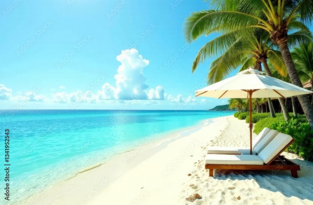 White sand beach on tropical island, azure ocean shore, tropical holiday atmosphere White sand beach on tropical island, azure ocean shore, tropical holiday atmosphere