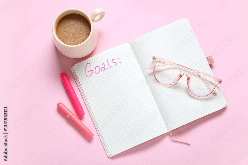 Notebook with empty to do list, eyeglasses and cup of coffee on pink background. New year goals