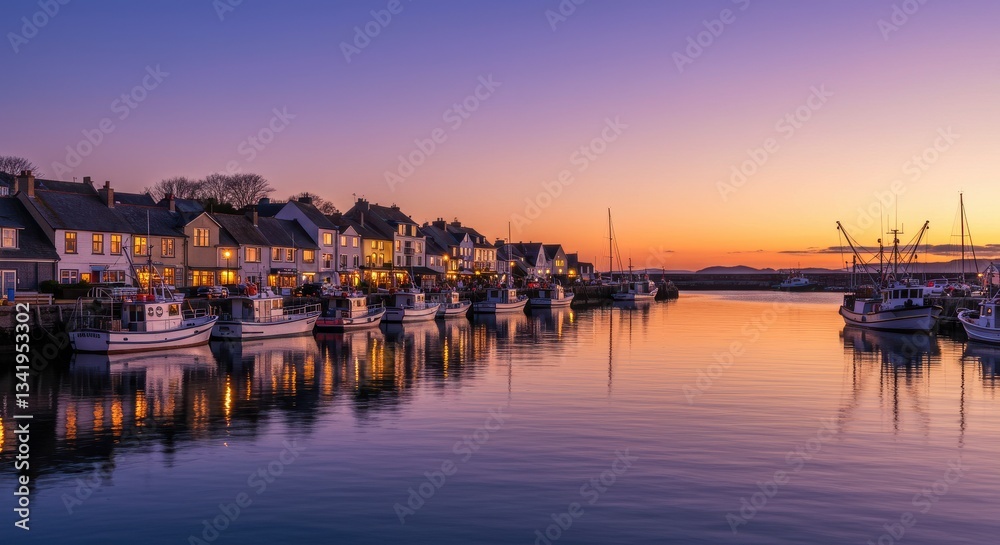 Fototapeta premium Serene sunset over a tranquil harbor with fishing boats and cottages
